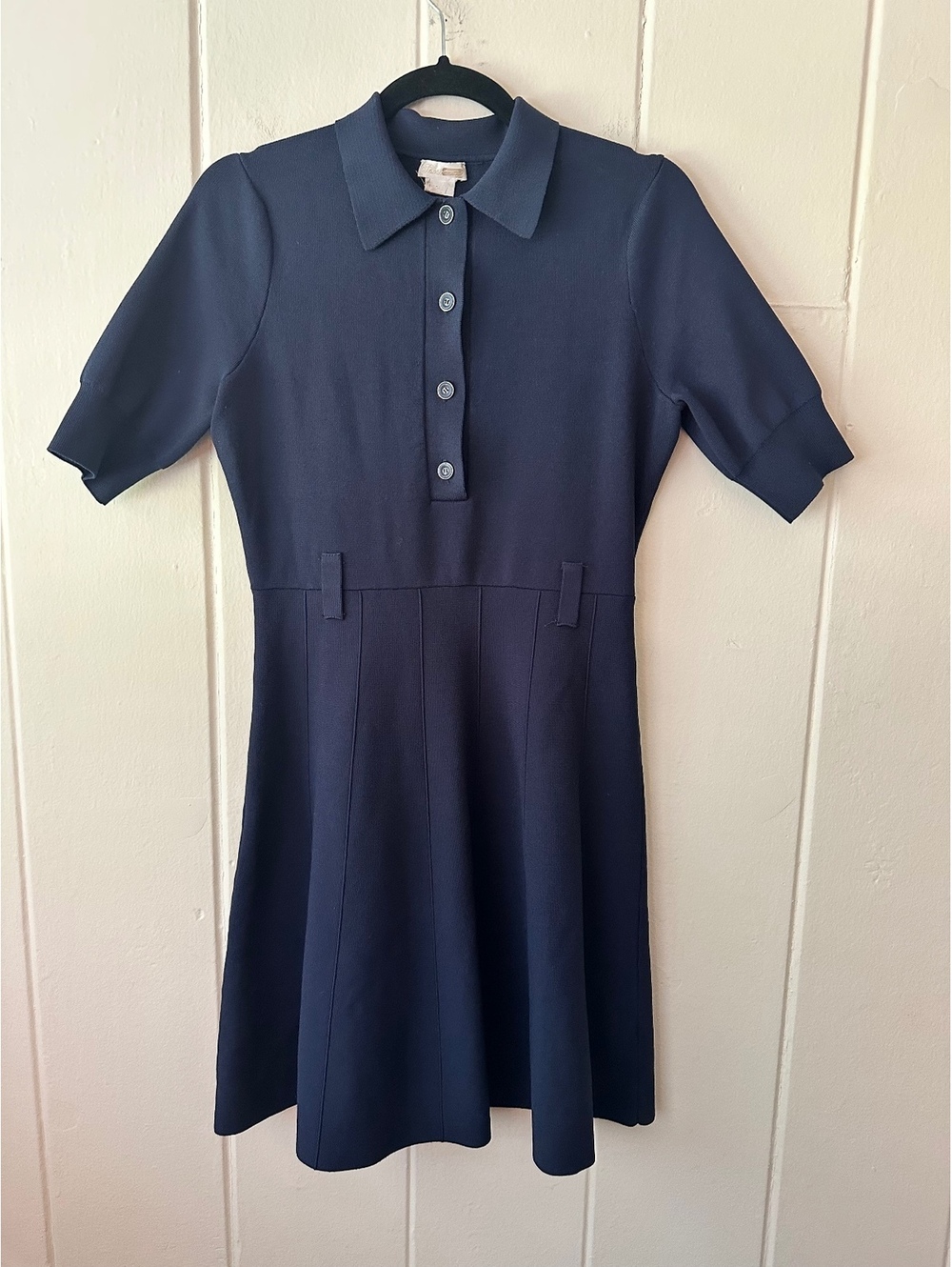 Shoshanna Edgemont Navy Blue Knit Polo Dress Fit Flare Skirt Preppy Womens Sz L